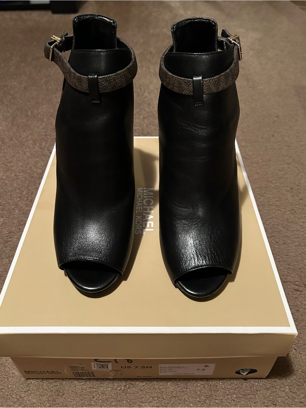 Michael Kors Lawson Open Toe Black Leather Brown Signature Logo - Picture 3 of 6